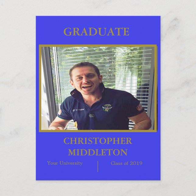 Graduation Photo Modern Gold Blue Party Postcard (Front)