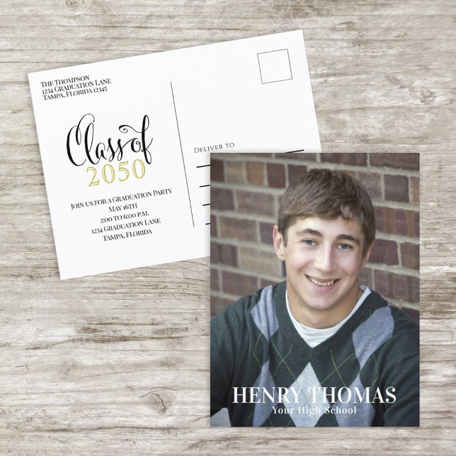 Graduation Photo Modern Minimalist Script Black Postcard (Creator Uploaded)