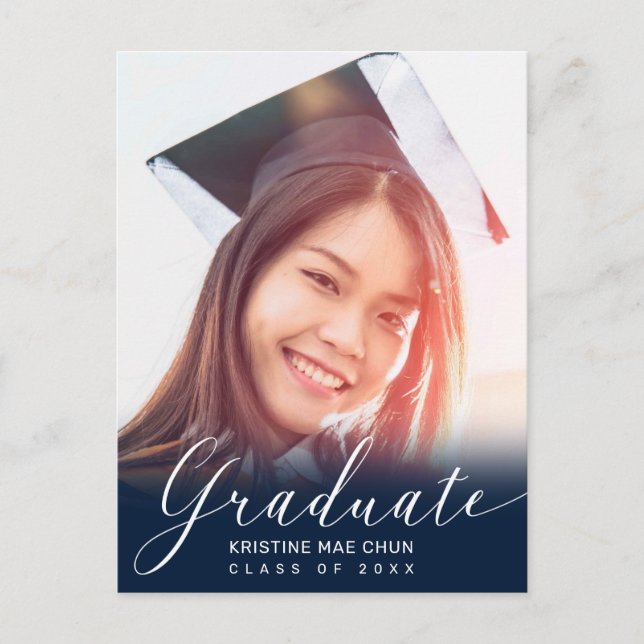 Graduation Photo Modern Script Blue Invitation Postcard (Front)