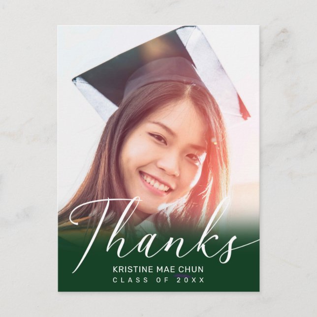 Graduation Photo Modern Script Green Thank You Postcard (Front)