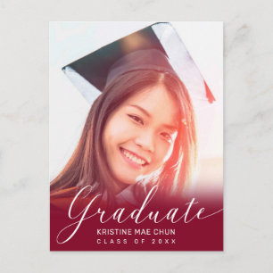 Graduation Photo Modern Script Maroon Invitation Postcard