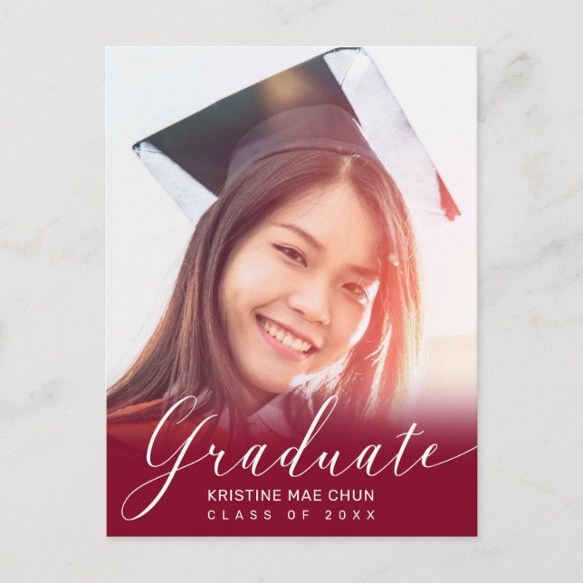 Graduation Photo Modern Script Maroon Invitation Postcard (Front)