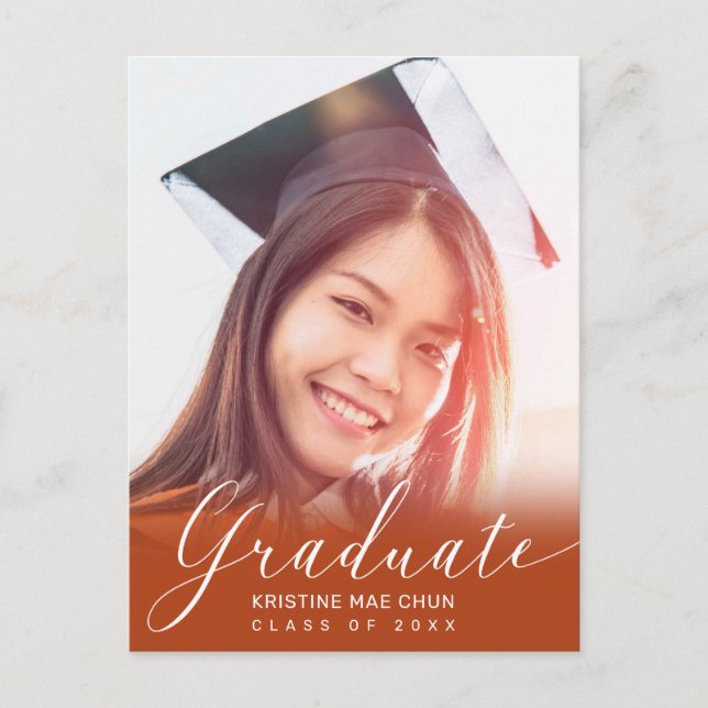 Graduation Photo Modern Script Orange Invitation Postcard (Front)