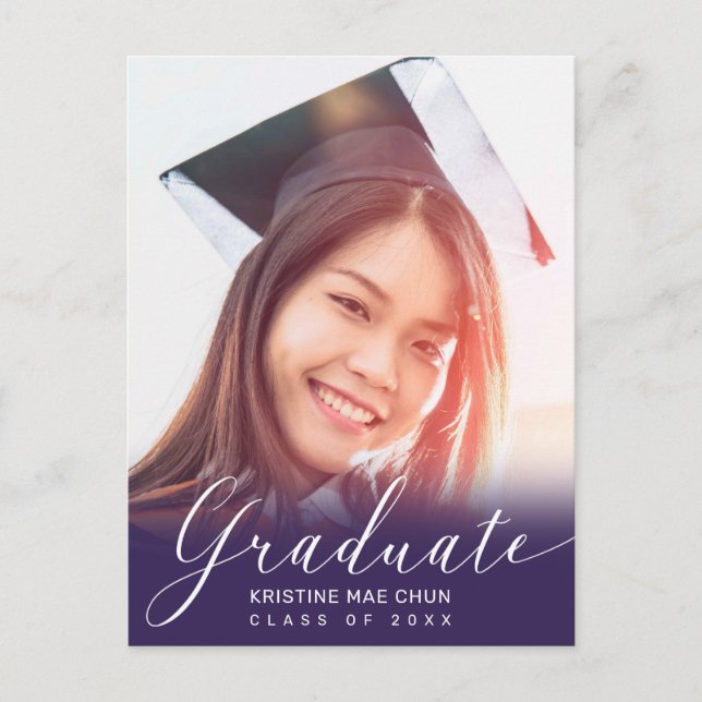 Graduation Photo Modern Script Purple Invitation Postcard (Front)
