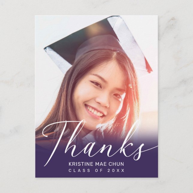 Graduation Photo Modern Script Purple Thank You Postcard (Front)