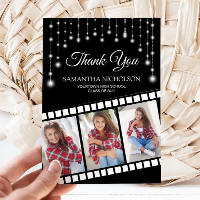 Graduation Photo Movie Reel Cinema Star Thank You (Black and silver glitter graduation filmstrip 3-photo Thank you card)