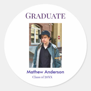 Graduation photo name class of 20XX blue simple bo Classic Round Sticker