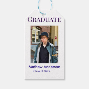 Graduation photo name class of 20XX blue simple bo Gift Tags