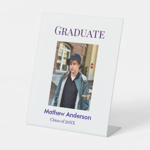 Graduation photo name class of 20XX blue simple bo Pedestal Sign
