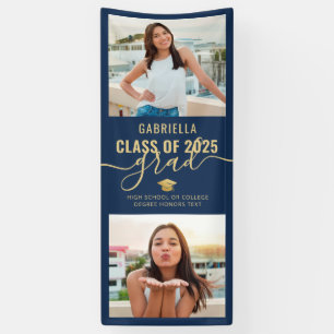 Graduation Photo Navy Blue Gold Elegant Banner