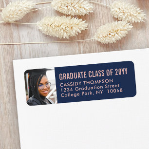 Graduation Photo Navy & Pink Modern Return Address Label