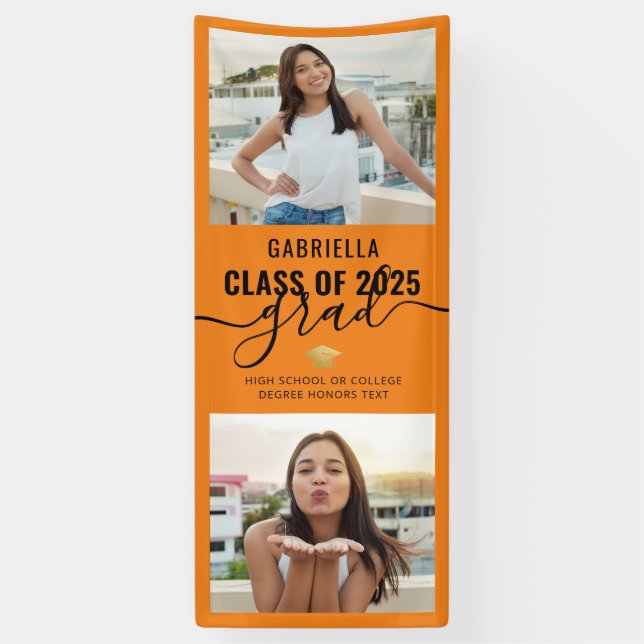 Graduation Photo Orange School Color Elegant Grad Banner (Vertical)