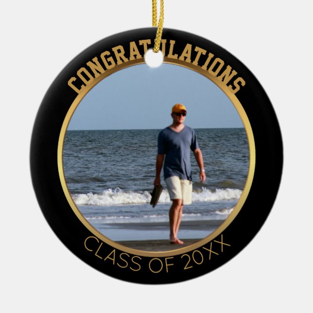 Graduation Photo Ornament | Black & Gold Keepsake (Front)