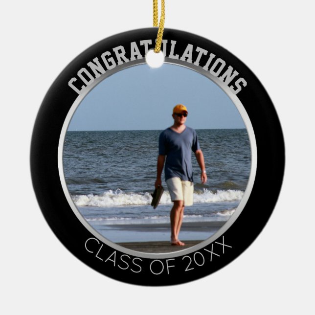 Graduation Photo Ornament | Black Silver Keepsake (Front)