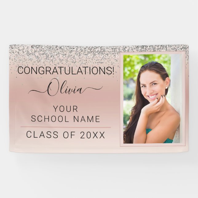 Graduation Photo Pink Silver Glitter Class of 2022 Banner (Horizontal)