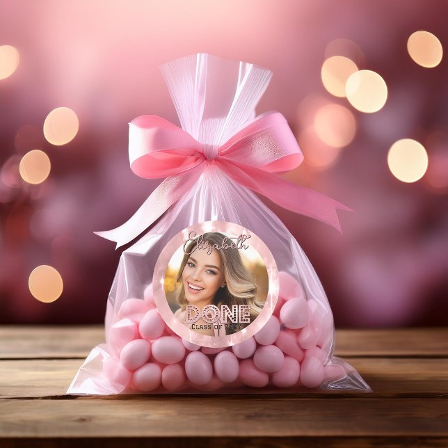 Graduation Photo Pink Sparkles Class Year DONE Classic Round Sticker (Graduation Photo Girl Graduate Faux Pink Sparkles Class Year "DONE" Classic Round Sticker)