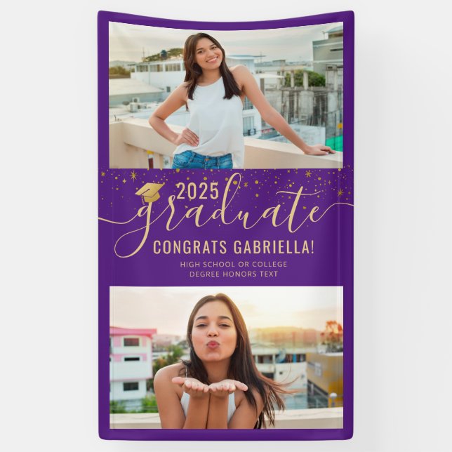 Graduation Photo Purple Gold Confetti Banner (Vertical)