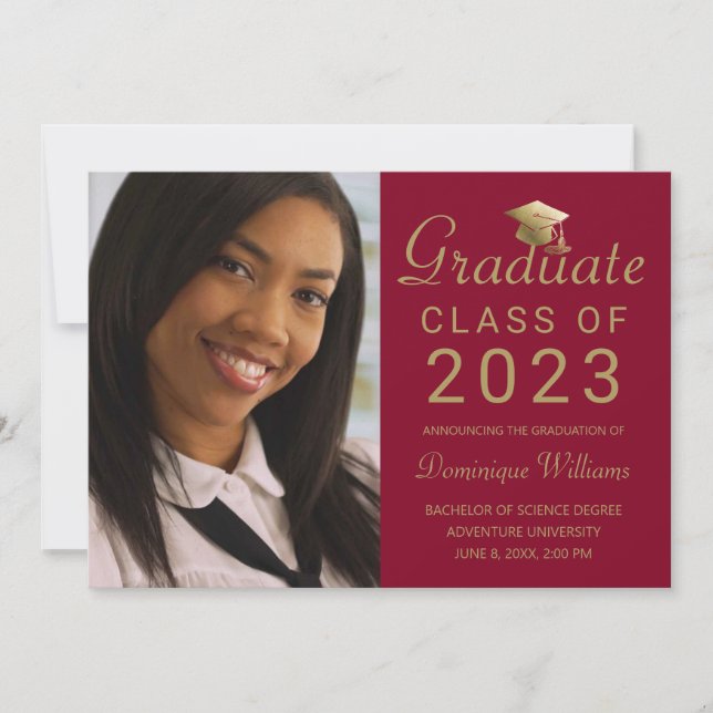 Graduation Photo Red Gold Grad Cap Script 2023 Announcement (Front)