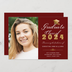 Graduation Photo Red Gold Script Class of 2023 Announcement