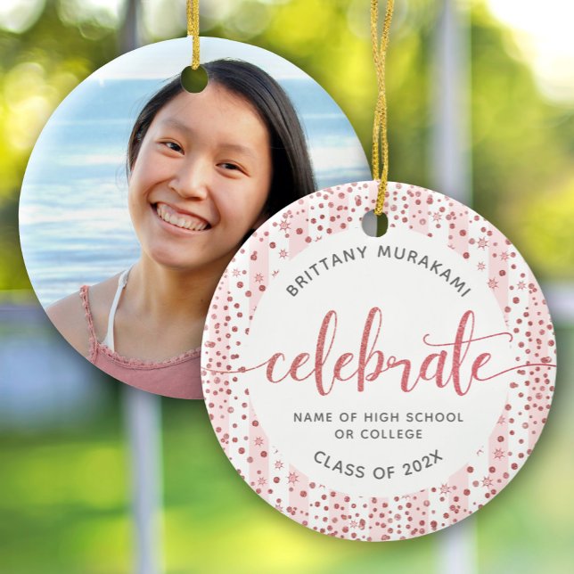 Graduation Photo Rose Gold Glitter Script Keepsake Ceramic Ornament (Creator Uploaded)