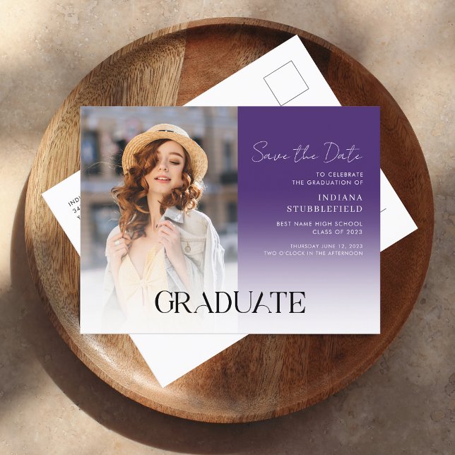 Graduation Photo Script Grad 2025 Save the Date Announcement Postcard (Graduation Save the Date Grad Photo Script Purple Announcement Postcard)
