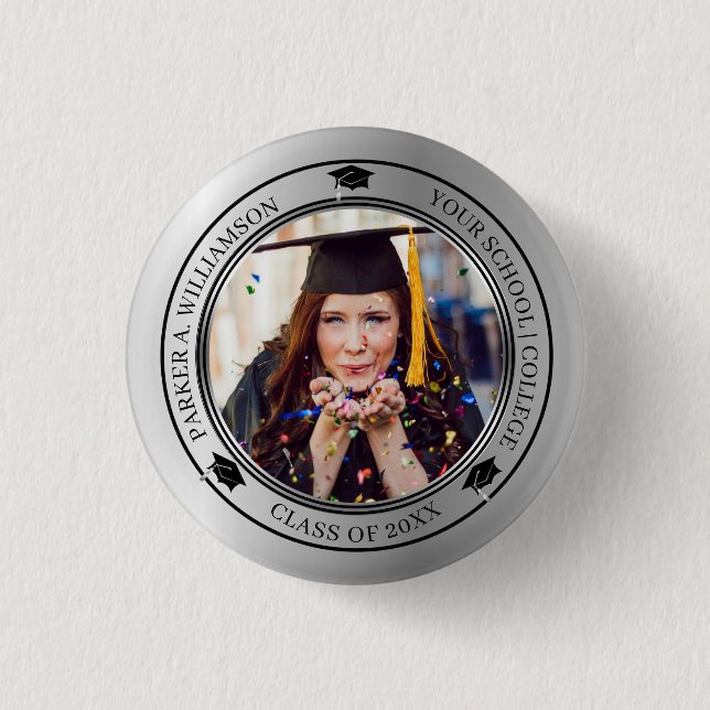 Graduation Photo Silver Tone Grad Cap Class Year 3 Cm Round Badge (Front)