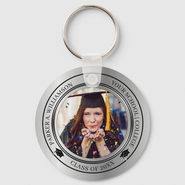 Graduation Photo Silver Tone Grad Cap Class Year Key Ring (Front)