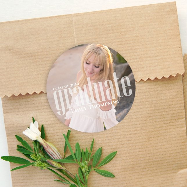 Graduation Photo Simple Party Favor Custom Classic Round Sticker (Creator Uploaded)