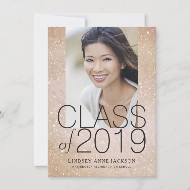 Graduation Photo Sparkling Blush Sand Stacked Text Announcement (Front)