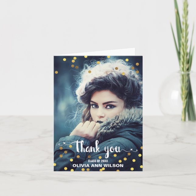 Graduation Photo Thank You Faux Gold Foil Confetti Card (Front)