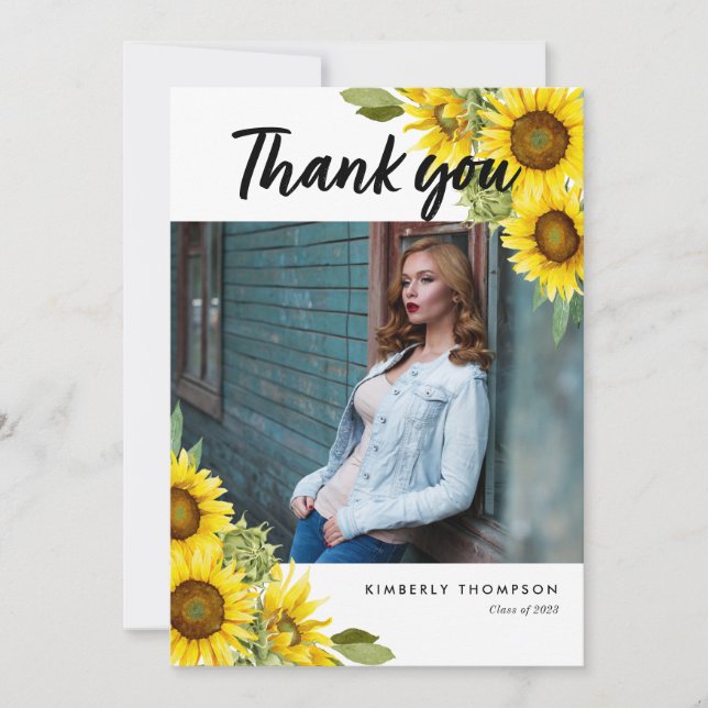 Graduation Photo Thank you Sunflower Script Card (Front)