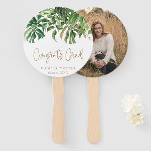Graduation Photo Tropical Greenery Gold Congrats Hand Fan
