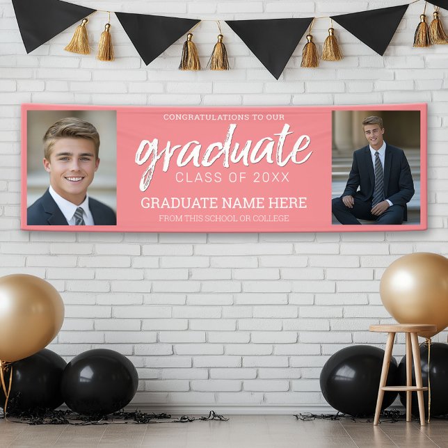 Graduation Photos - Class of Year - Coral Virtual Banner (Custom Graduation Banner with 2 Photos)
