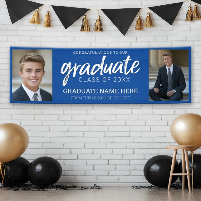 Graduation Photos Graduate with Royal Blue Virtual Banner (Custom Graduation Banner with 2 Photos)