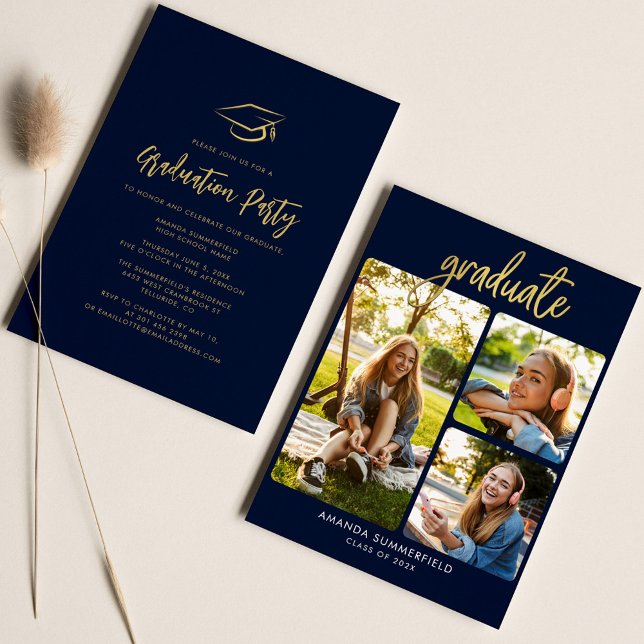 Graduation Photos Navy Blue Modern Grad Party Invitation (Graduation 2024 Graduate Photo Collage Party Invitation)