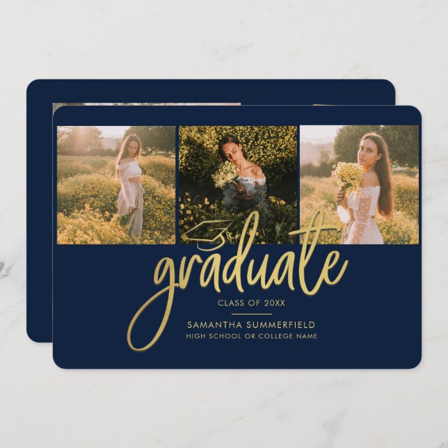 Graduation Photos Navy Blue Script 2025 Announcement (Front/Back)