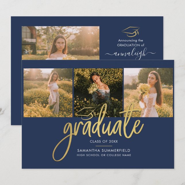 Graduation Photos Script Navy Blue Announcement (Front/Back)