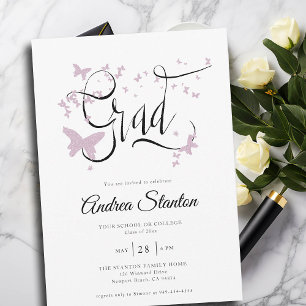 Graduation Pink Butterflies Grad Calligraphy Chic Invitation