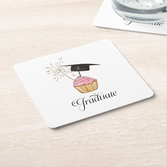 Graduation Pink  Cupcake Graduate Square Paper Coaster (Angled)