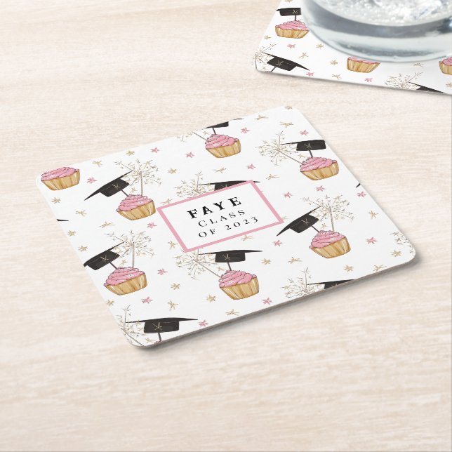 Graduation Pink Cupcake Personalised Square Paper Coaster (Angled)