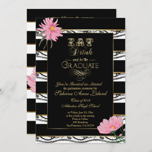 Graduation Pink Daisies Black Lace White Stripes Invitation