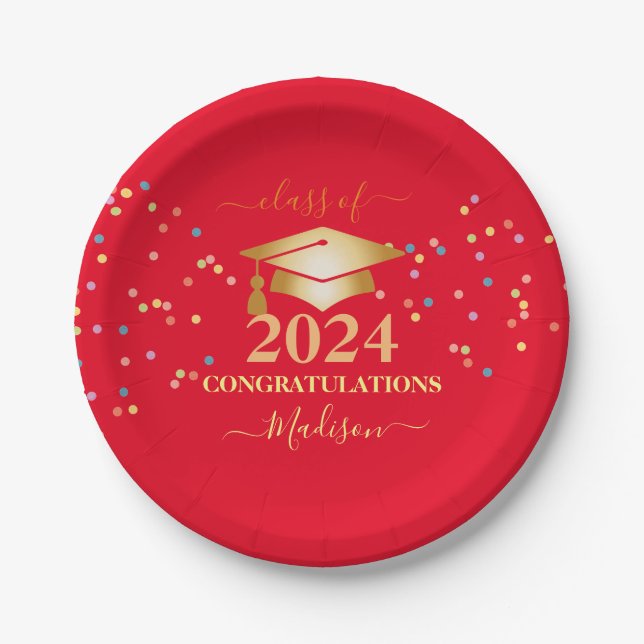 Graduation Pink Girls Confetti Golden initial Paper Plate (Front)