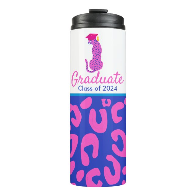 Graduation Pink Leopard wearing cap Thermal Tumbler (Front)