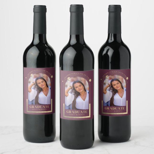 Graduation Plum Gold Sun Moon Stars Grad Photo Win Wine Label (Bottles)