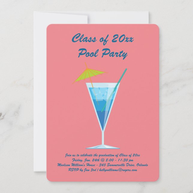 Graduation Pool Party Invitation Coral & Blue (Front)
