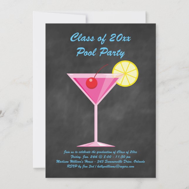 Graduation Pool Party Invite Chalkboard & Pink (Front)