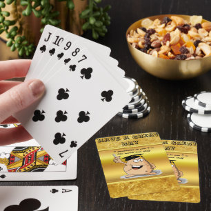 Graduation potato character with a degree playing cards