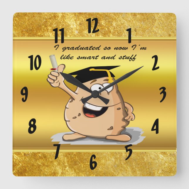 Graduation potato character with a degree square wall clock (Front)