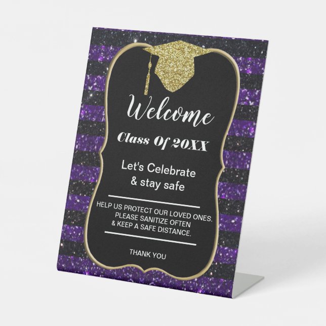 Graduation Purple Black Stripes Party safety Pedestal Sign (Front)