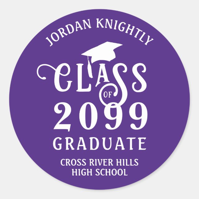 Graduation Purple Class Year Congrats Name Classic Round Sticker (Front)